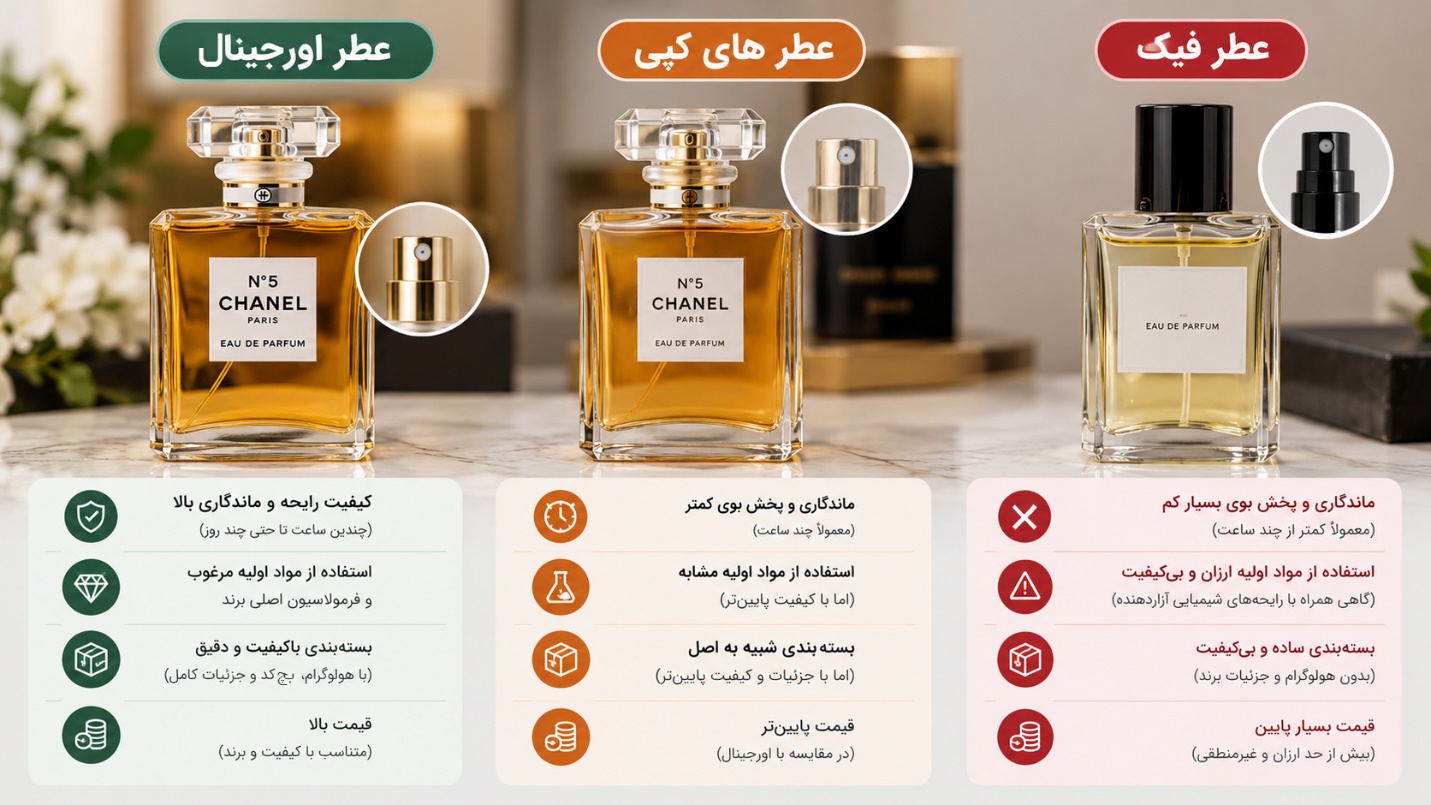 اینفوگرافیک مقایسه ویژگی های عطر اورجینال، های کپی و فیک باهم